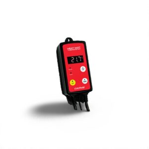 Red digital heat mat thermostat displaying 21.7°C, ideal for accurate temperature control in gardening and horticulture.