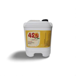 White container of 420 Premium Liquid Worm Booster with yellow label and black cap, five liters.