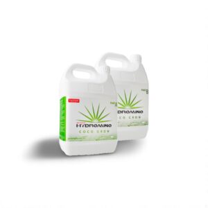 Hydromino Coco Grow nutrient bottles for plant growth, featuring green plant design, 5-liter containers.