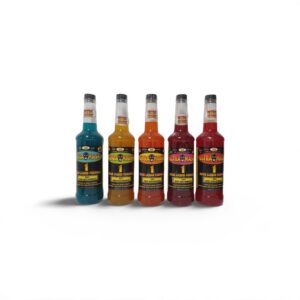 Five colorful Ultra Masti mixer bottles on a white background, arranged in a line.