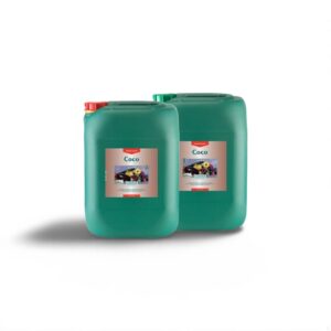 Two green containers of Coco nutrient solution with floral labels displayed on a white background.