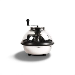 Stainless steel salad spinner with a black handle on a white background.