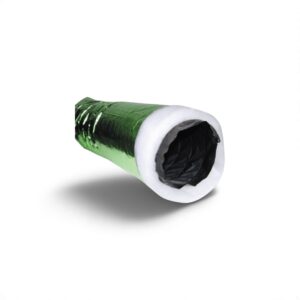Green insulated ducting for HVAC systems, featuring a reflective surface and white lining on a white background.