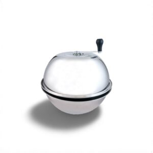 Shiny stainless steel ice cream maker with black handle on white background.