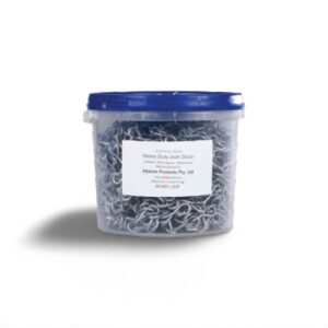 Bucket of heavy-duty jack chain with blue lid, ideal for industrial use and secure storage.