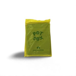 Yellow Pot Sox bag for gardening, 25-gallon capacity, featuring Super Flow System branding.