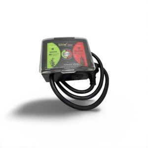 Timer device for grow and bloom light cycles in plant cultivation, with cables and mode settings displayed.