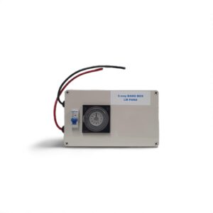 Electronic device labeled 6-way Bang Box LM Pana with timer and switch, featuring red and black wires.