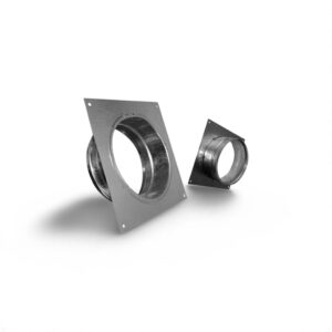 Two metal ductwork connectors on a white background, showcasing different sizes for ventilation systems.