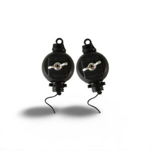 Two black fishing sinkers with wires on a white background.
