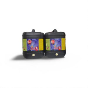 Two black containers labeled Flower Formula A and B against a white background for plant nutrient solutions.