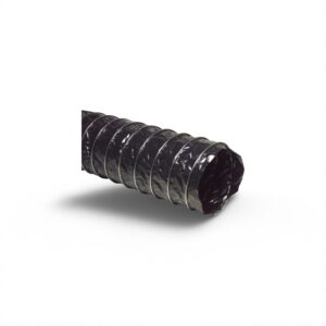 Flexible black duct hose on white background. Ventilation or HVAC component.