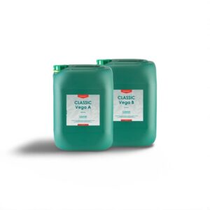 Two green containers labeled Classic Vega A and Classic Vega B nutrient solutions on a white background.