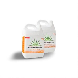 Two 5-liter containers of Hydromino Floreate nutrient solution for plants, labeled Part A and Part B.