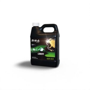 Black R-N-A Über nutrient bottle with lion logo on a white background, 0.01-0-0 formula.