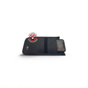 Black signal-blocking pouch with phone partially inserted, preventing digital intrusions.