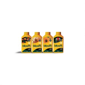 Four bottles of Bloom fertilizers with different plant-themed labels on a white background.