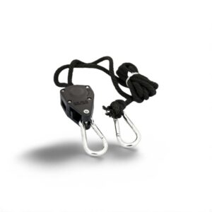 Heavy-duty rope pulley hoist with carabiner clips on a white background. Ideal for lifting and securing loads.