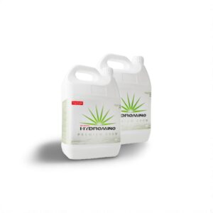 Hydroamino Premium Grow nutrient solution bottles for plant growth, gardening essentials, white background.