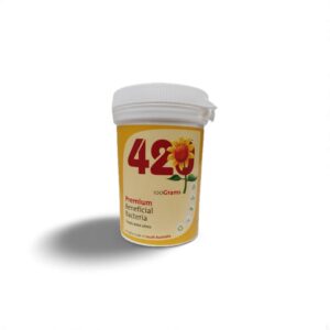 Yellow container labeled 420 Premium Beneficial Bacteria, 100 grams, used for treating 4000 liters, made in South Australia.