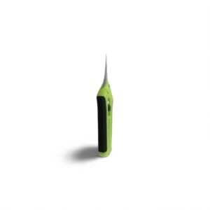Green and black handle precision knife standing vertically on white background.