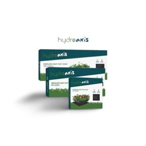 Hydroaxis seedling heat mats in various sizes with packaging design. Ideal for enhancing plant growth.