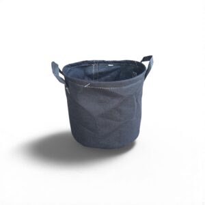 Dark fabric storage basket with handles on a white background. Ideal for organizing and decluttering spaces.