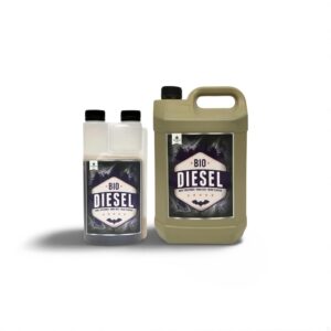 Two containers of Bio Diesel fuel on a white background, featuring eco-friendly labels and packaging.