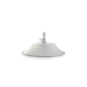 White industrial ceiling light fixture on a plain background.