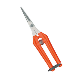 Orange garden pruners with sharp metal blades, ideal for precision trimming and pruning tasks.