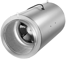 Industrial inline duct fan for efficient ventilation in HVAC systems, featuring a durable metal casing and powerful motor.