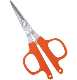 Orange-handled scissors with stainless steel blades on a white background.