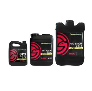 Three GreenPlanet GP3 Bloom nutrient bottles in varying sizes for plant growth enhancement.