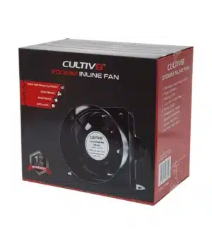 Cultiv8 200mm inline fan box with steel blades, bearing motor, 12-month warranty, ideal for ventilation.