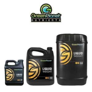 Green Planet Nutrients Liquid Weight bottles in three sizes, showcasing plant nutrition products.