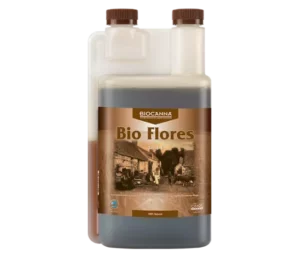 Bottle of Bio Flores organic plant fertilizer with sepia label design.