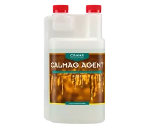 Canna Calmag Agent nutrient bottle with red caps, enhances calcium and magnesium for plant health.