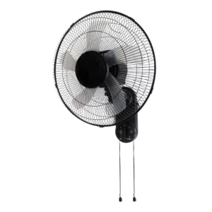 Black wall-mounted oscillating fan with adjustable speed settings and pull cords.
