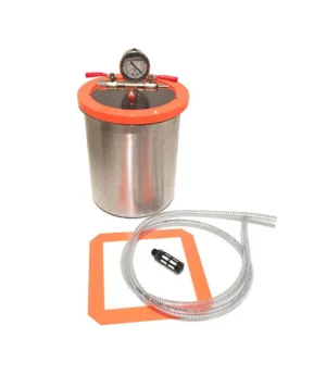 Stainless steel vacuum chamber with gauge, hose, and accessories for resin casting and degassing.