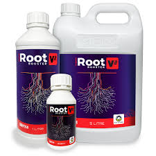 Root Booster V1 bottles, nutritional solution for enhancing plant root growth, available in 250ml, 1L, and 5L sizes.