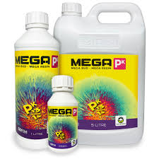 Three bottles of Mega PK plant nutrients with colorful labels, available in various sizes for optimal growth.
