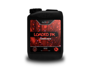Red 5L bottle of Loaded PK flowering additive by Dr. Dank, designed for optimal plant nutrition and growth.