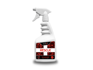 White spray bottle labeled Rescue against a black background, designed for plant health and repair.
